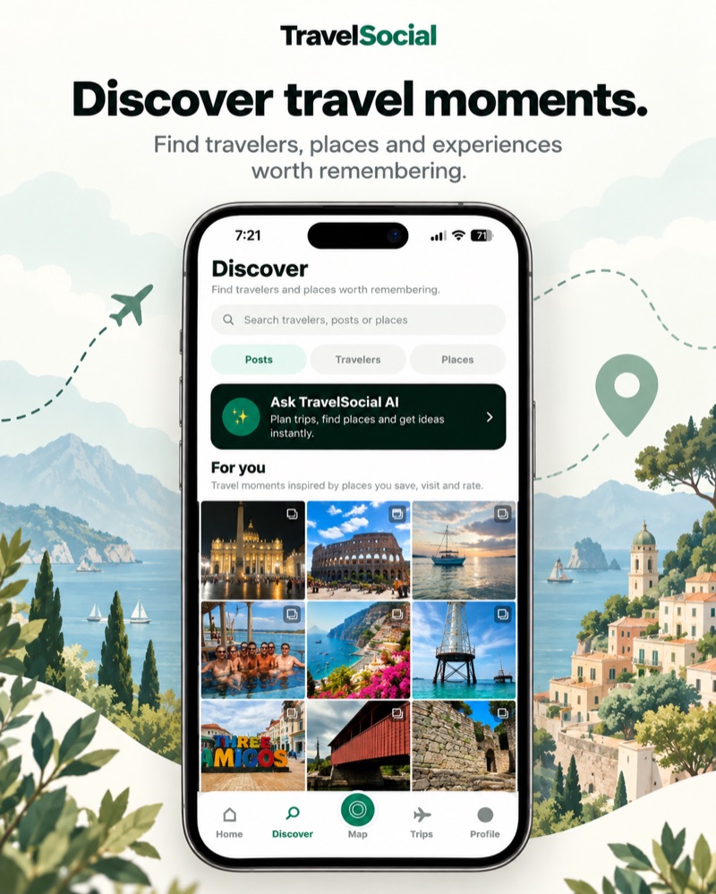 TravelSocial Discover screen on iPhone with search, an Ask TravelSocial AI shortcut and a grid of travel photo posts.