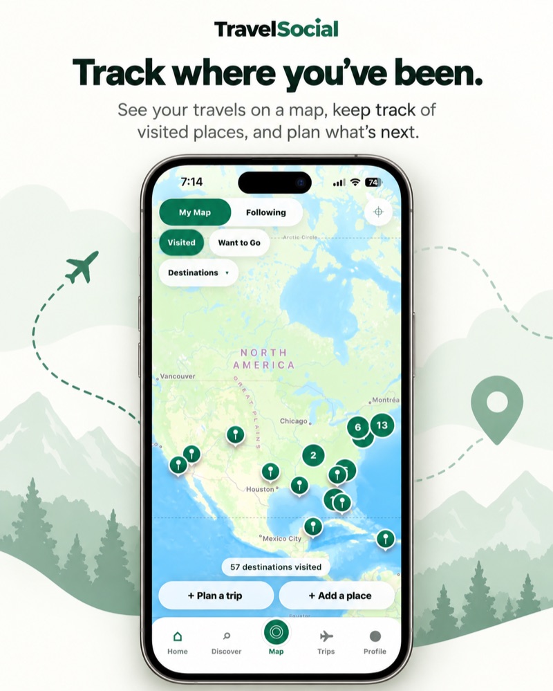 TravelSocial Travel Map on iPhone: a map of North America with pins on visited places, Visited and Want to Go filters, and a count of 57 destinations visited.